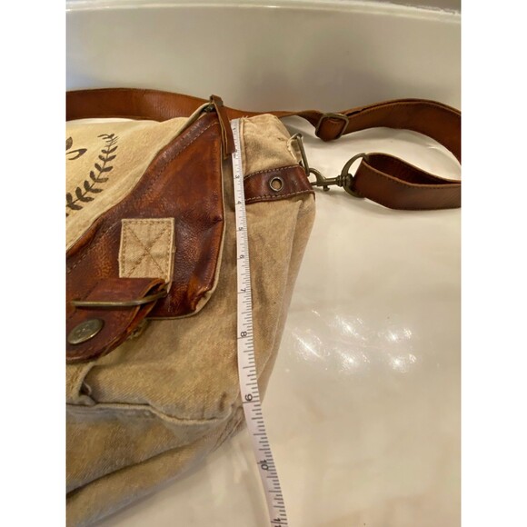 Boho Canvas & Leather Fleur De Lis Messenger Vintage Chic Look Crossbody Bag - Picture 10 of 11
